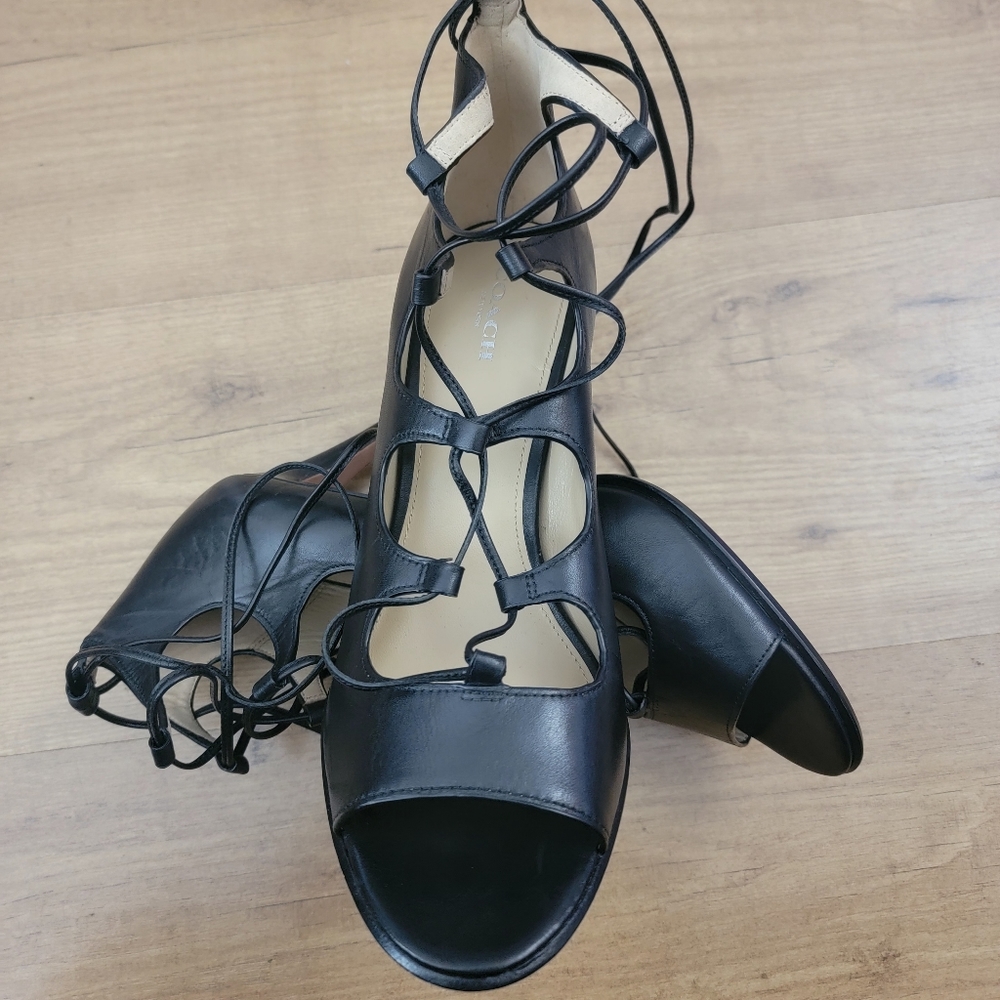 COACH Kira Lace-Up Black Leather Heels - Picture 14 of 14